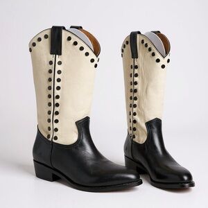 FRYE Billy Stud Western Pointed Toe Boots, Black Ivory/Naked Cow, 8.5 (US)